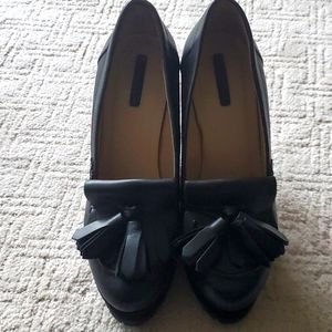 Black leather and suede wedge